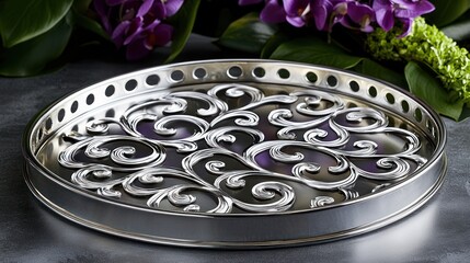 Elegant, round, decorative serving tray