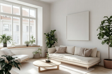 Bright Scandinavian Living Room with Large White Picture Frame Mockup
