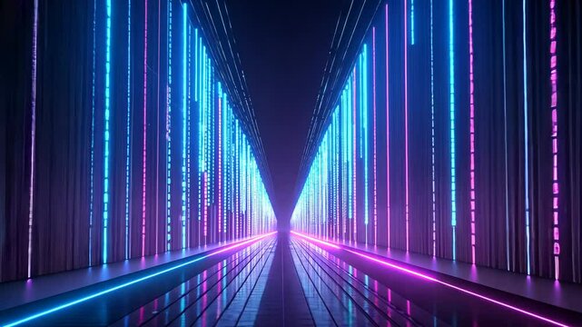 Neon digital tunnel with binary code patterns