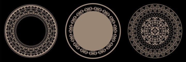 Collection of decorative gold round frames for design. Turk national ornament, persian circular frame. Template for round surfaces, textile, engraving, forging, embroidery, plate, sandblasting, print 