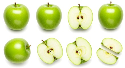 Green apples, apple half, apple slices isolated on white background. Top view. Collection.