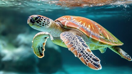 Fototapeta premium Stop pollution wildlife concept. Swimming turtle in clear blue water.