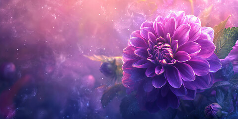 A radiant purple dahlia blooms in a misty garden, surrounded by soft green leaves. The blurred background reveals hints of other flowers and foliage, creating a tranquil and enchanting scene.