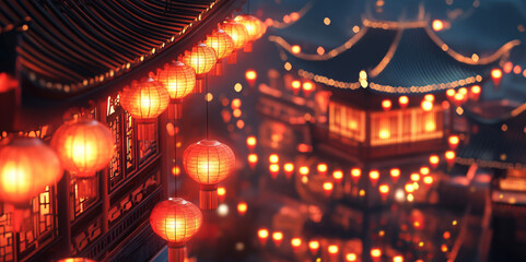 Obraz premium Red and yellow lanterns hang on the wall of an ancient Chinese building at night, casting a warm glow that highlights intricate patterns and festive decorations, evoking a lively New Year celebration.