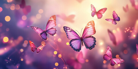 A whimsical background of pink and purple butterflies floating among sparkling colorful lights, creating an atmosphere of magic and fantasy, perfect for artistic and decorative uses.