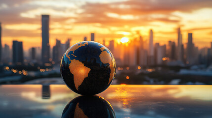 A globe reflecting sunset over cityscape with buildings in the background on a reflective surface