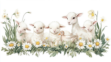 A charming illustration of baby lambs and a duck resting among daisies on a white background. The pastel hues and delicate floral accents evoke a whimsical springtime atmosphere.