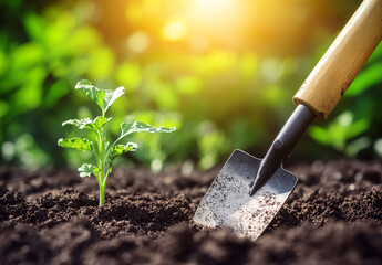 A small trowel presses into rich soil as a young seedling is planted in the garden, with vibrant green leaves and earthy textures symbolizing growth, farming, and sustainability.