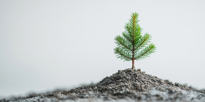 A young pine tree sprout emerging from rich soil, isolated against a white background, representing growth, sustainability, and the beauty of nature in its earliest stages.