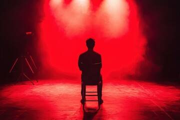 Obraz premium Silhouette of a young caucasian male in red spotlight on stage