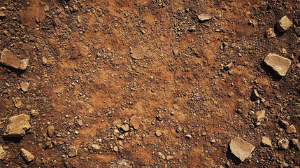 A top down view of a surface covered in dirt and small rocks with a few larger stones scattered around
