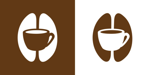 Logo con grano de café y taza de café en perspectiva en espacio negativo