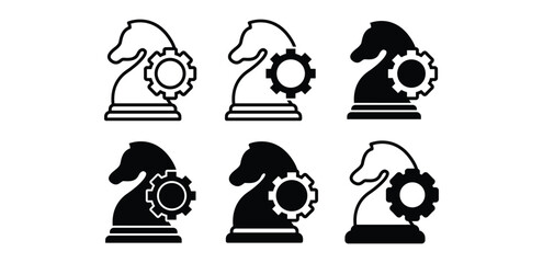 Chess Knight with Gear Strategy Development Icons Vector Design Illustration Set