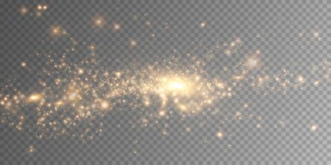 Golden glowing particles scattered in the air, creating a magical sparkle effect. The soft bokeh lights on a transparent background evoke a sense of fantasy, enchantment, and festive atmosphere.