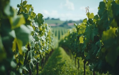 Lush vineyard rows under a clear sky