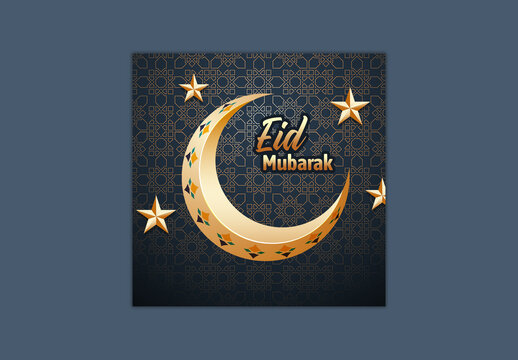 Eid Mubarak Social Media Editable Post with Golden Crescent Moon and Stars on Islamic Pattern Background.