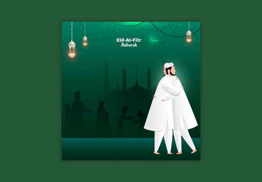 Eid-Al-Fitr Social Media Editable Post with Muslim Men Character Hugging in Front of Silhouette Mosque.