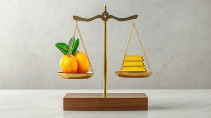 A vintage balance scale with fruit on one side and gold bars on the other, tilting dramatically, contrasting wealth and nature