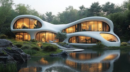 futuristic luxury organic abstract villa by the water, printed on a 3D printer, 3D printed home