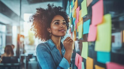 confident african american woman writing on colorful sticky notes on glass wall in modern office. teamwork and brainstorming concept. business presentation, marketing, creativity.