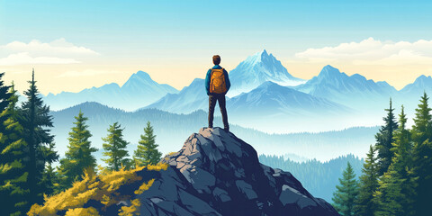 An adventurous traveler stands triumphantly on a mountain peak, overlooking rolling forests and towering cliffs, in a vibrant cartoon-style illustration with bold colors and a dynamic composition.