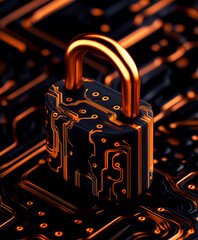 Gold padlock with tech background, data protection concept. Cybersecurity lock on circuit board, Futuristic security illustration