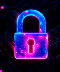 Blue and pink neon padlock with tech background, data protection concept. Cybersecurity lock on circuit board, Futuristic security illustration