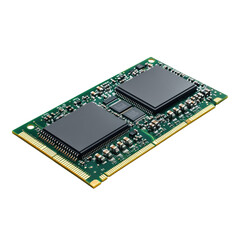 Computer memory module with microchips and circuit components isolated on transparent background, cutout png