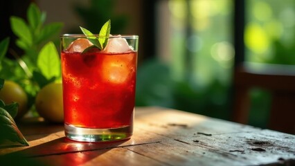 Refreshing Iced Beverage with Mint Garnish on Rustic Wooden Table