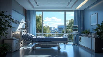 Empty hospital room with a neatly made bed, medical equipment, and large windows 