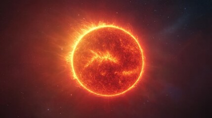 Naklejka premium Stunning solar eruption with vibrant fiery corona and bright orange sun against deep space background filled with stars and cosmic dust