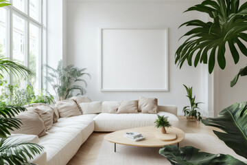 Bright Scandinavian Living Room with Large White Picture Frame Mockup