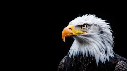 Obraz premium Majestic Bald Eagle Portrait Against Dark Background Captures Nature's Power and Beauty with Sharp Details and Striking Features, Close-Up Study of Wildlife
