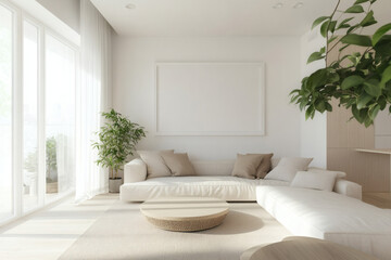 Bright Scandinavian Living Room with Large White Picture Frame Mockup