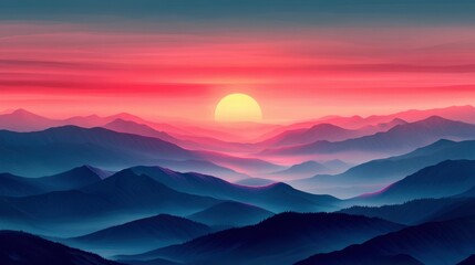 Fototapeta premium Vibrant sunset landscape over misty mountain range with colorful sky