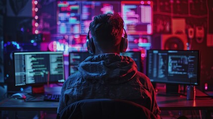 Cybersecurity expert analyzes malware threats through multiple screens in a high-tech workspace