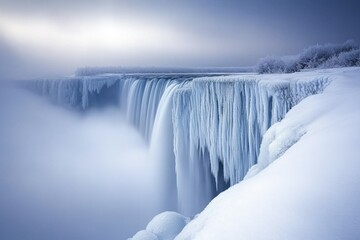 Obraz premium Majestic frozen waterfall cascading over icy cliff in winter wonderland