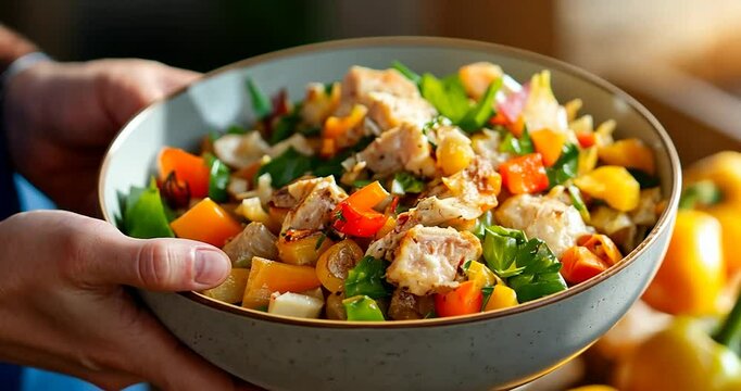 Close-up view of a person holding a large bowl of a vibrant chicken salad. The salad is composed of grilled chicken, yellow and red bell peppers, spinach and other vegetables. The bowl is