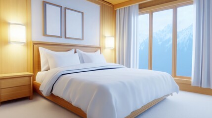 Obraz premium Cozy bedroom with a wooden bed, white linens, a soft beige rug, and large windows letting in natural light