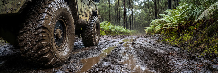 A rugged military vehicle with deep-treaded tires moves through a muddy forest trail, leaving tracks behind as it navigates dense foliage, ferns, and towering eucalyptus trees.