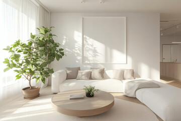 Bright Scandinavian Living Room with Large White Picture Frame Mockup