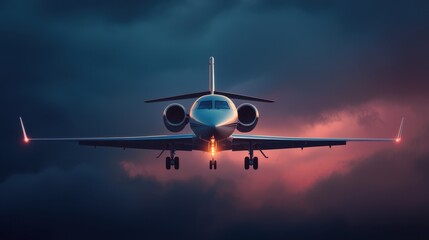 Naklejka premium Dramatic Sunset View of a Private Jet Landing Against a Stunning Cloudy Sky with Vibrant Colors and Atmospheric Lighting