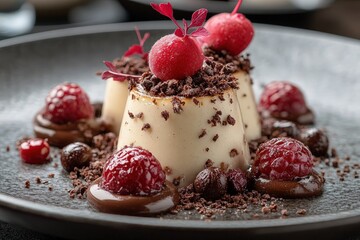 Tenderloin Steak Presented With Glazed Potatoes and Flavorful Sauce on a Gray Plate