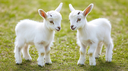 Obraz premium Two fluffy white baby goats play on a sunlit grassy field, their bright eyes filled with curiosity. Their soft fur and lively movements create a heartwarming scene of youthful energy.