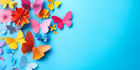 Obraz premium A whimsical abstract background features colorful paper butterflies and delicate flowers arranged against a soft blue backdrop, with ample copy space for creative designs and messaging.