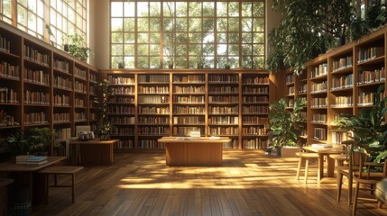 Empty library in a school, with neatly arranged bookshelves, wooden tables, and a tranquil atmosphere