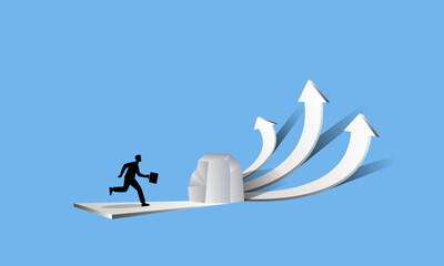 Obraz premium The concept of choosing the right business plan and economic strategy in business. The stone on the road shows three directions, three roads. Vector drawing