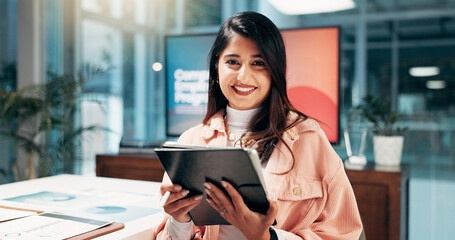 Portrait, tablet and creative business woman in office as campaign designer and ads consultant....