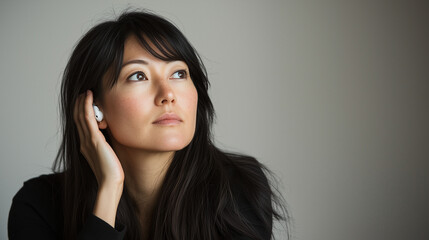 Young Asian woman with long dark hair using wireless earbud, gazing upward with a calm, introspective expression against a minimal background, portraying focus and mindfulness.