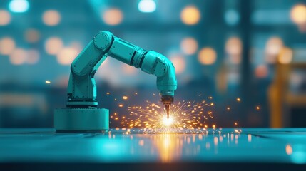 Advanced robotic arm in operation, welding metal with sparks flying in a brightly lit industrial workspace featuring modern technology and equipment